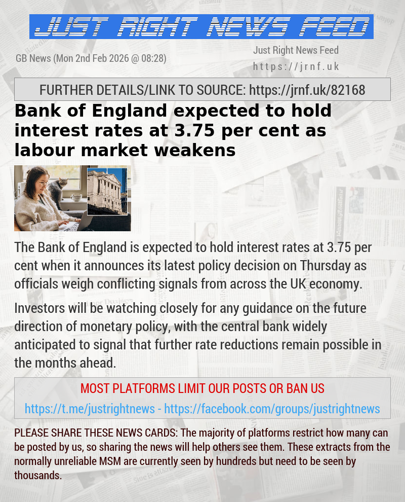 Bank of England expected to hold interest rates at 3.75 per cent as labour market weakens