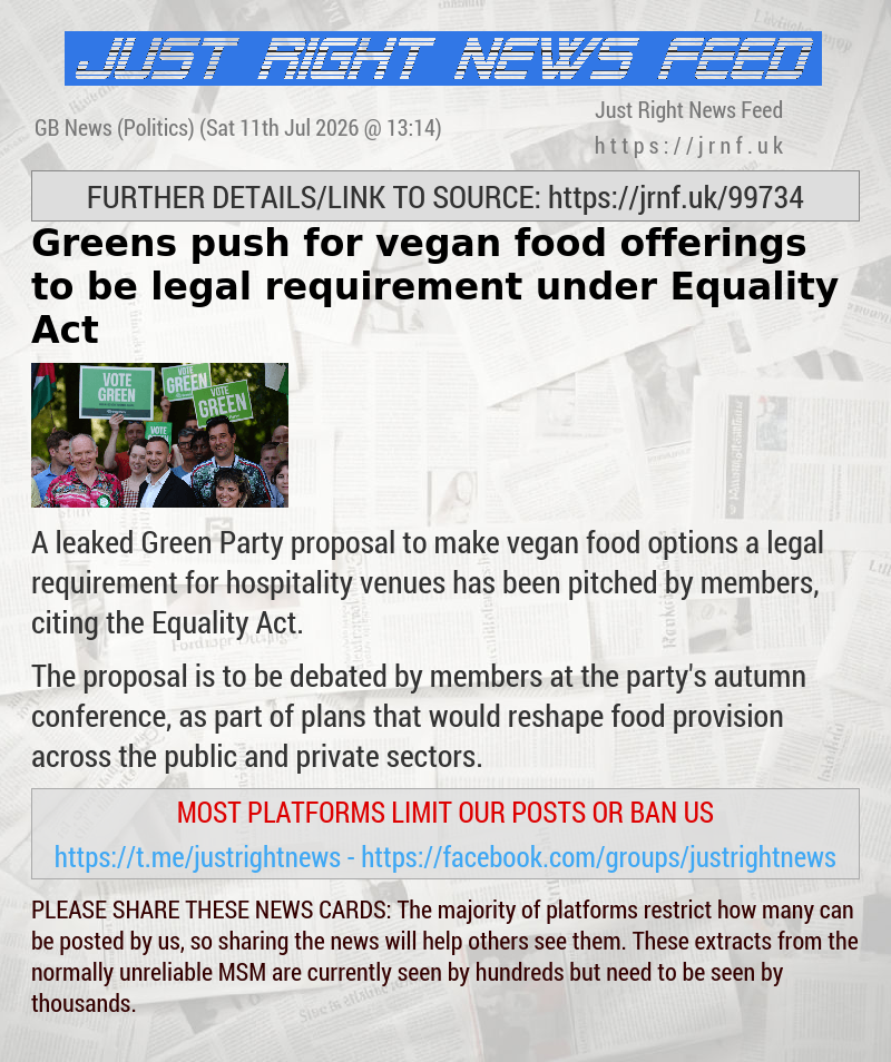 Greens push for vegan food offerings to be legal requirement under Equality Act