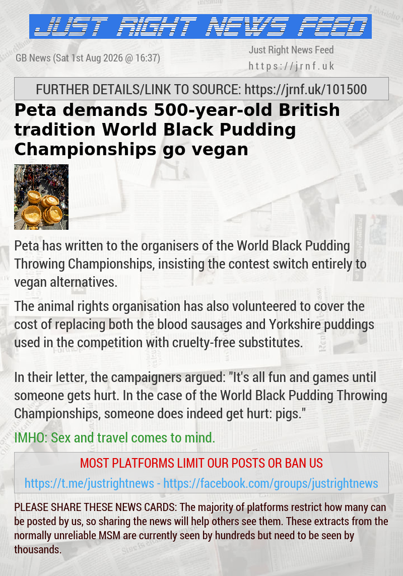 Peta demands 500—year—old British tradition World Black Pudding Championships go vegan