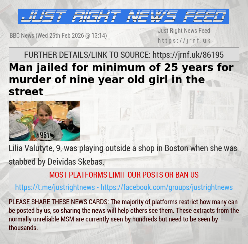 Man jailed for minimum of 25 years for murder of nine—year—old girl in the street