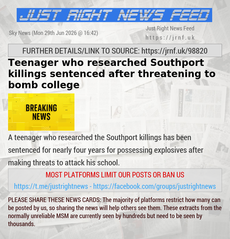 Teenager who researched Southport killings sentenced after threatening to bomb college