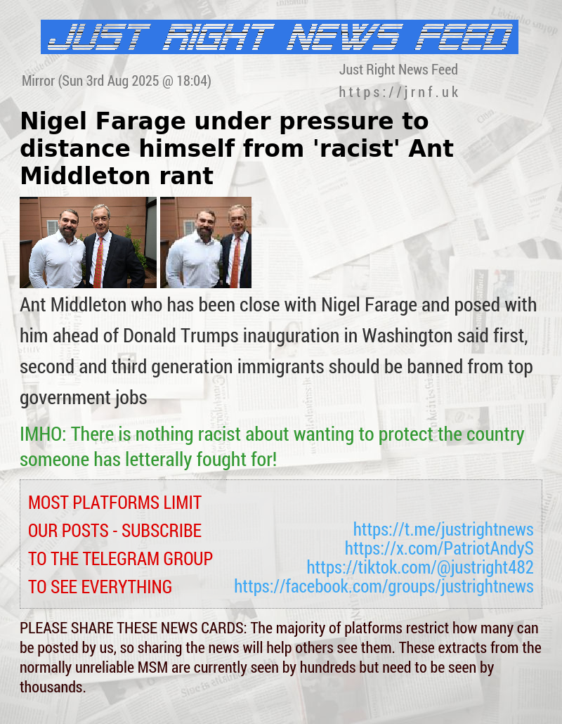 Nigel Farage under pressure to distance himself from ’racist’ Ant Middleton rant