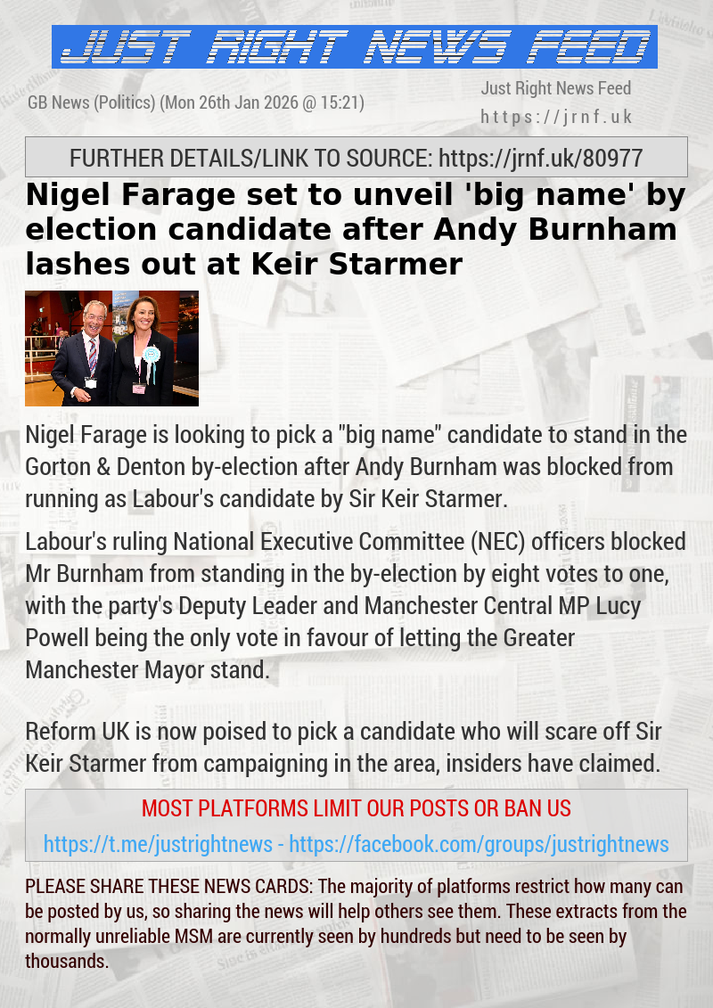 Nigel Farage set to unveil ’big—name’ by—election candidate after Andy Burnham lashes out at Keir Starmer