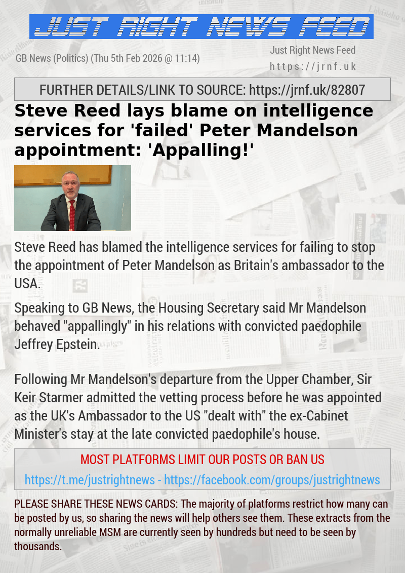 Steve Reed lays blame on intelligence services for ’failed’ Peter Mandelson appointment: ’Appalling!’