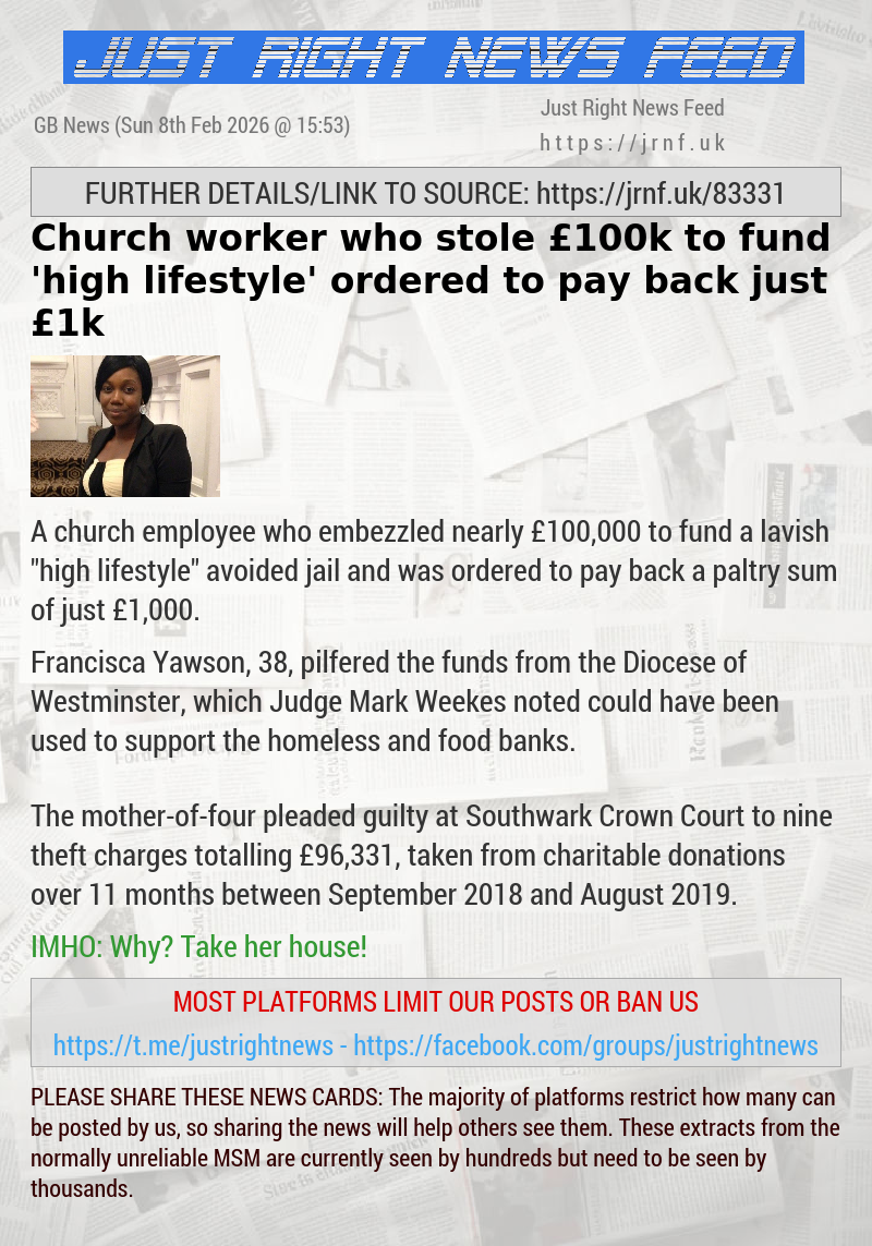 Church worker who stole &pound;100k to fund ’high lifestyle’ ordered to pay back just &pound;1k