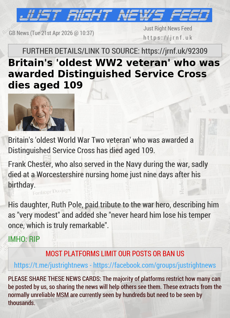 Britain’s ’oldest WW2 veteran’ who was awarded Distinguished Service Cross dies aged 109