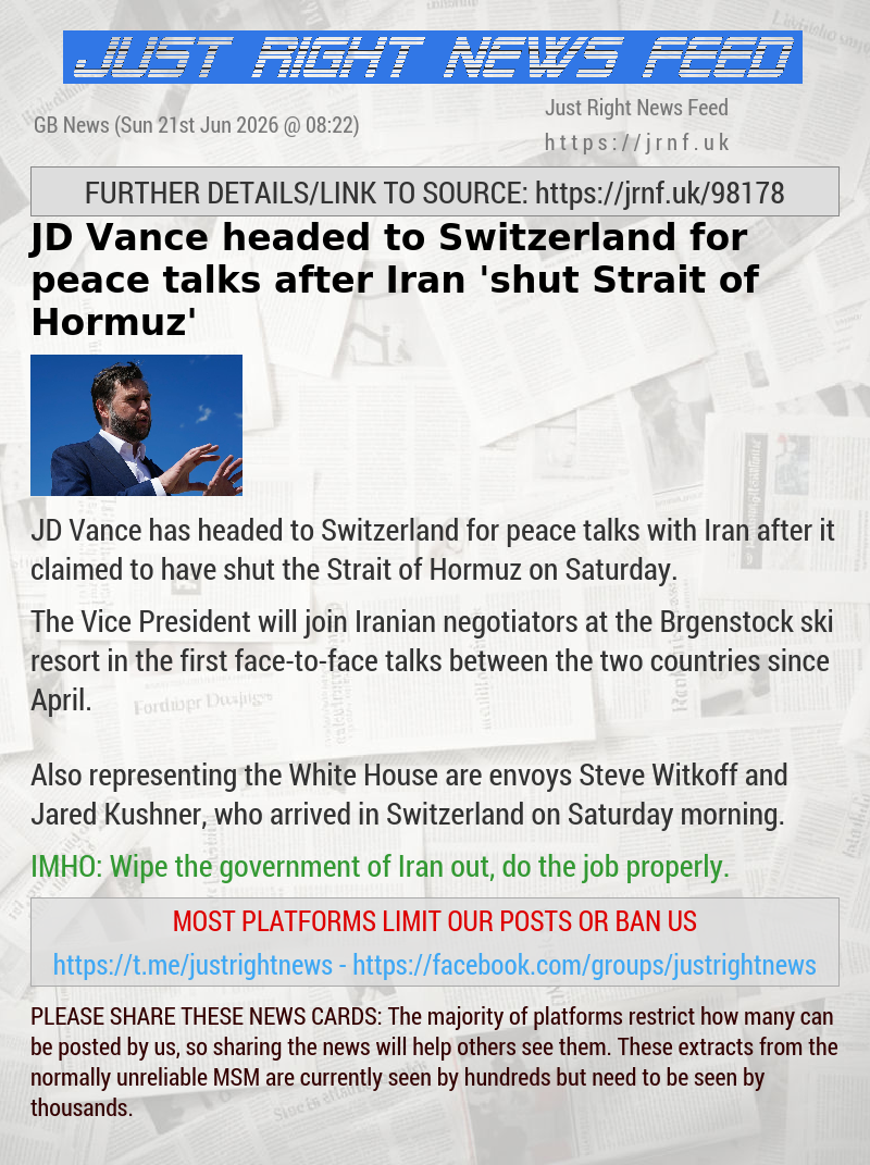 JD Vance headed to Switzerland for peace talks after Iran ’shut Strait of Hormuz’
