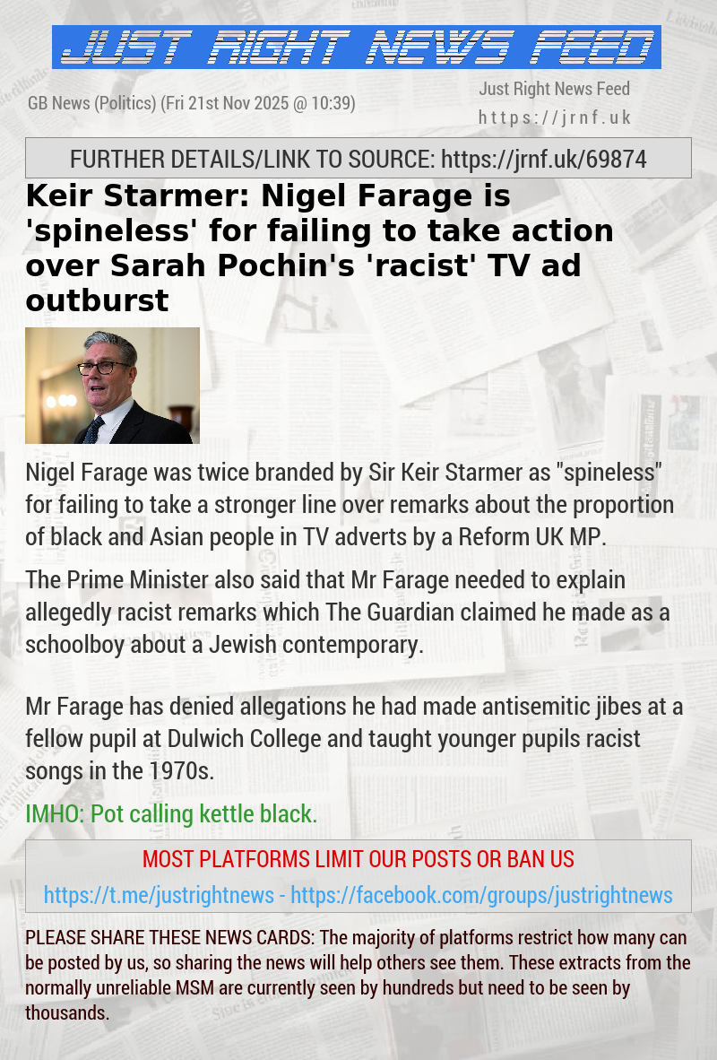 Keir Starmer: Nigel Farage is ’spineless’ for failing to take action over Sarah Pochin’s ’racist’ TV ad outburst