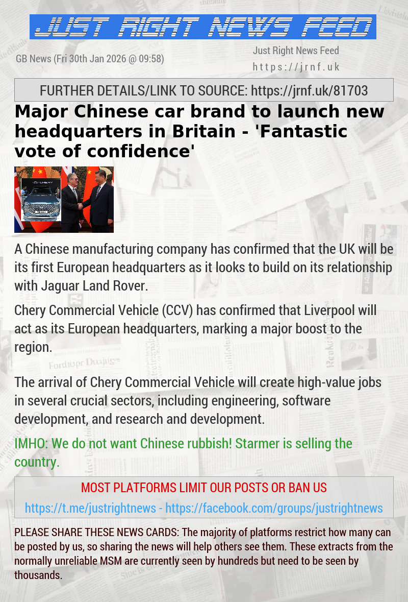 Major Chinese car brand to launch new headquarters in Britain — ’Fantastic vote of confidence’
