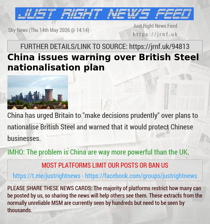 China issues warning over British Steel nationalisation plan