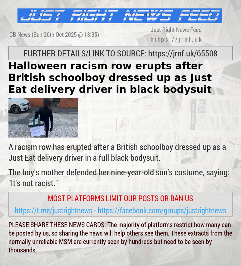 Halloween racism row erupts after British schoolboy dressed up as Just Eat delivery driver in black bodysuit