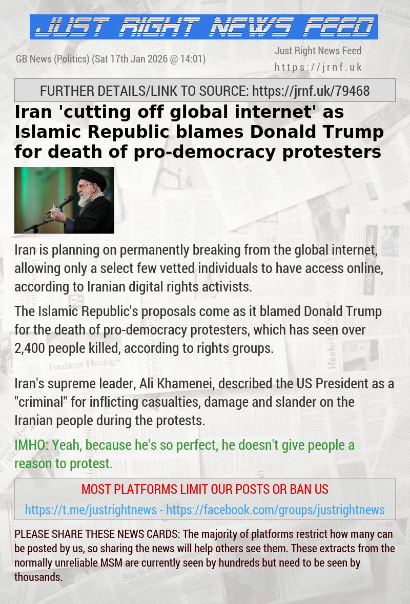 Iran ’cutting off global internet’ as Islamic Republic blames Donald Trump for death of pro—democracy protesters