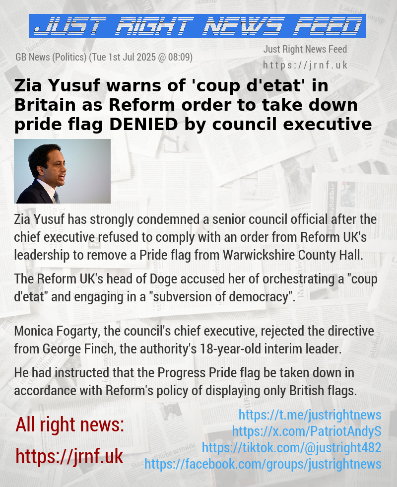 Zia Yusuf warns of ’coup d’etat’ in Britain as Reform order to take down pride flag DENIED by council executive