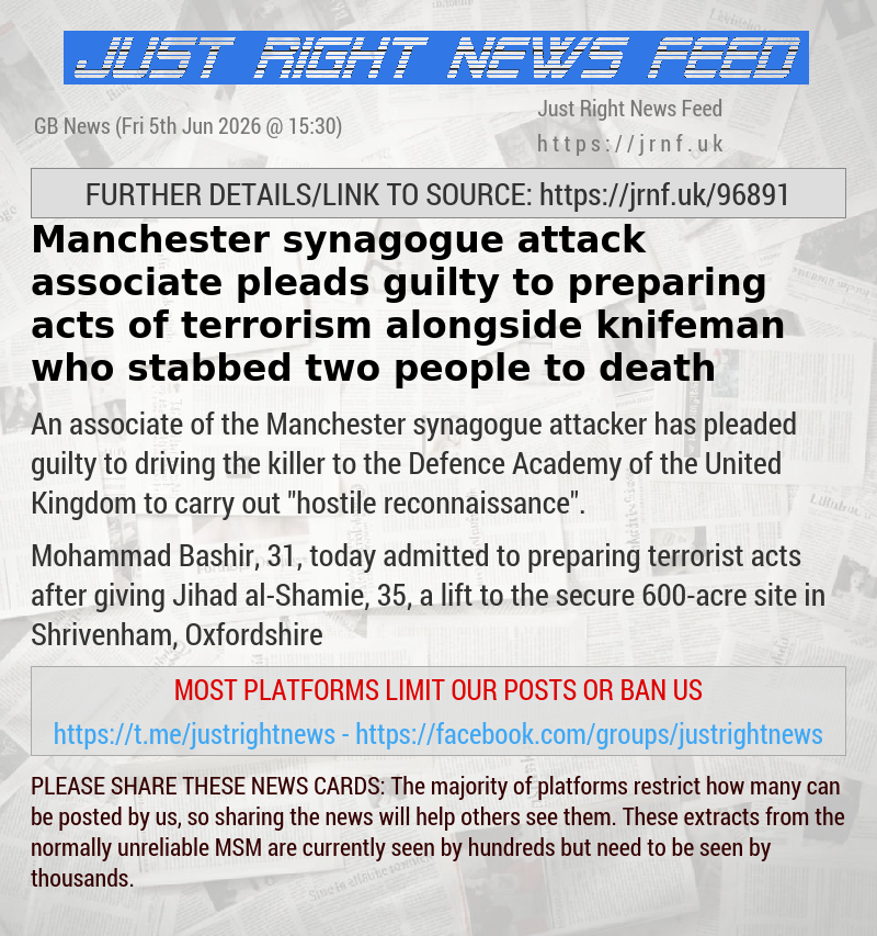 Manchester synagogue attack associate pleads guilty to preparing acts of terrorism alongside knifeman who stabbed two people to death