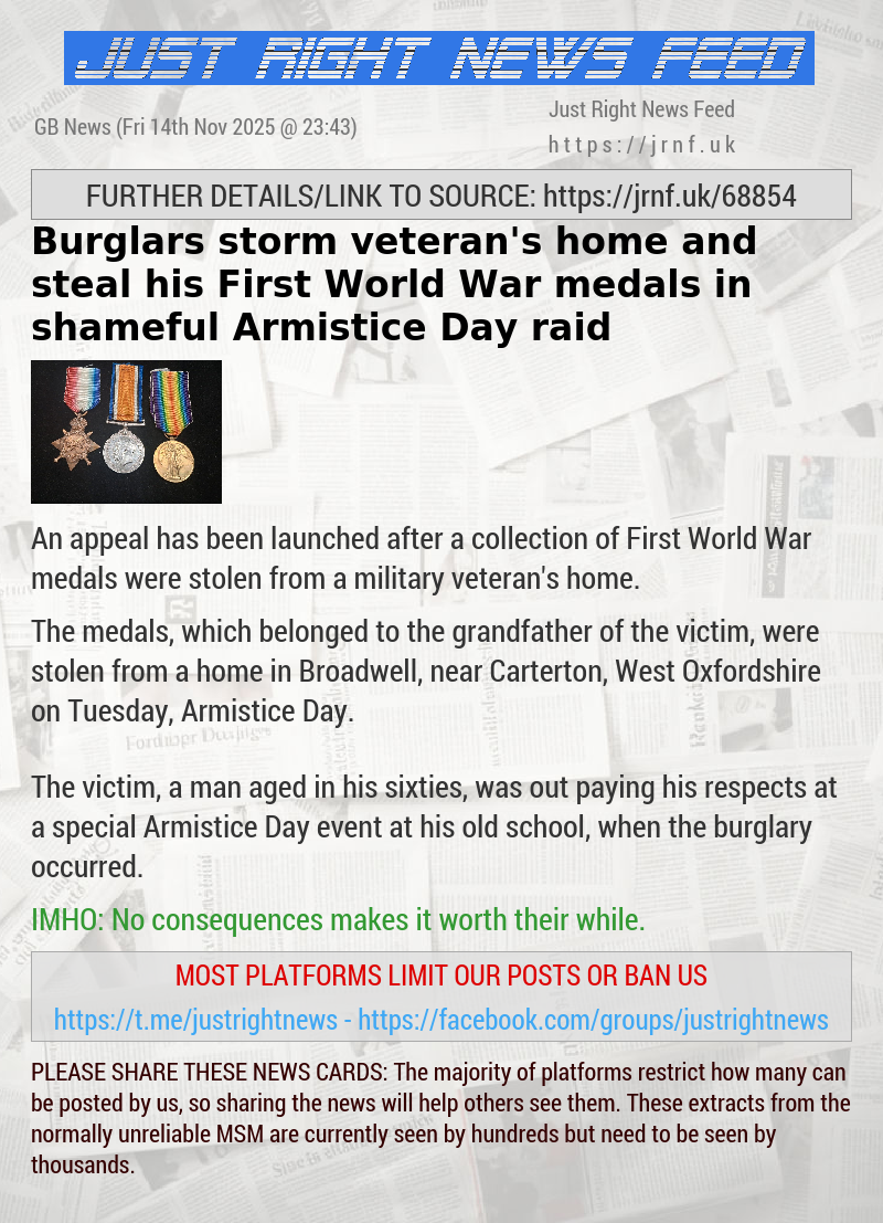 Burglars storm veteran’s home and steal his First World War medals in shameful Armistice Day raid