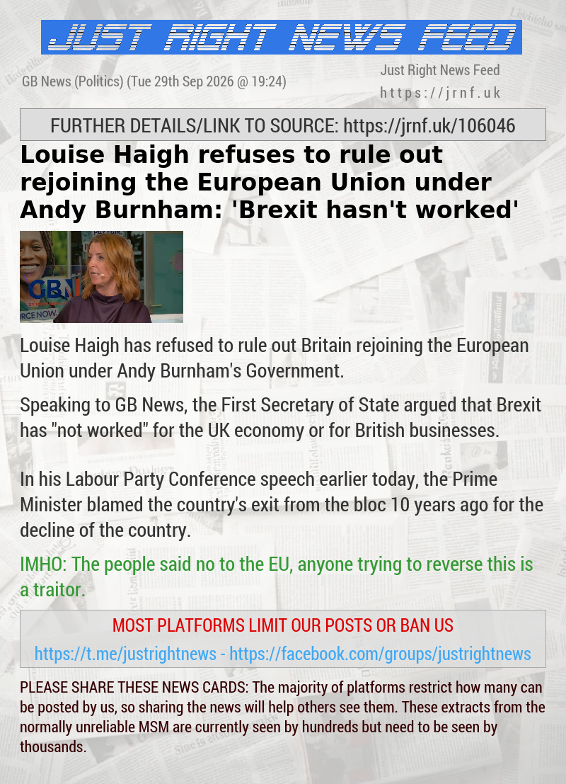Louise Haigh refuses to rule out rejoining the European Union under Andy Burnham: ’Brexit hasn’t worked’