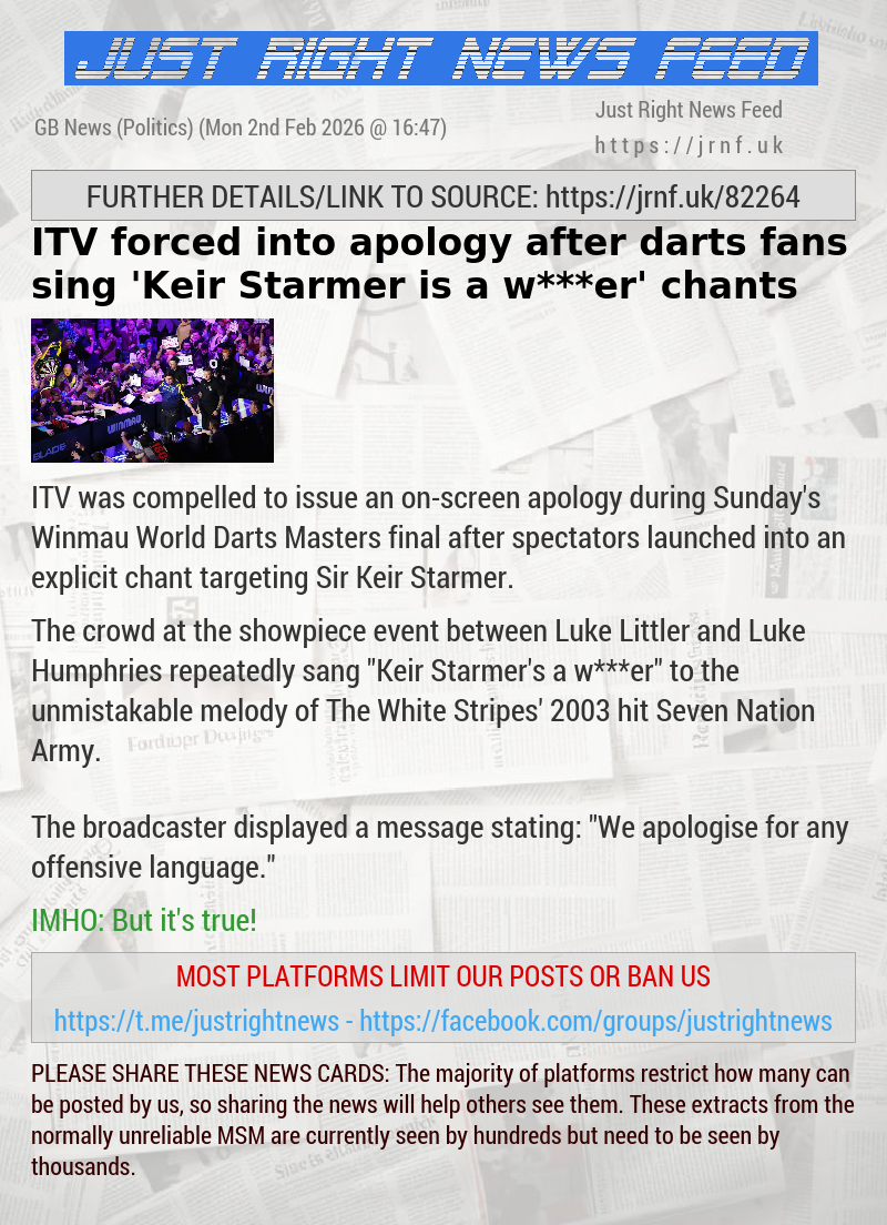 ITV forced into apology after darts fans sing ’Keir Starmer is a w***er’ chants