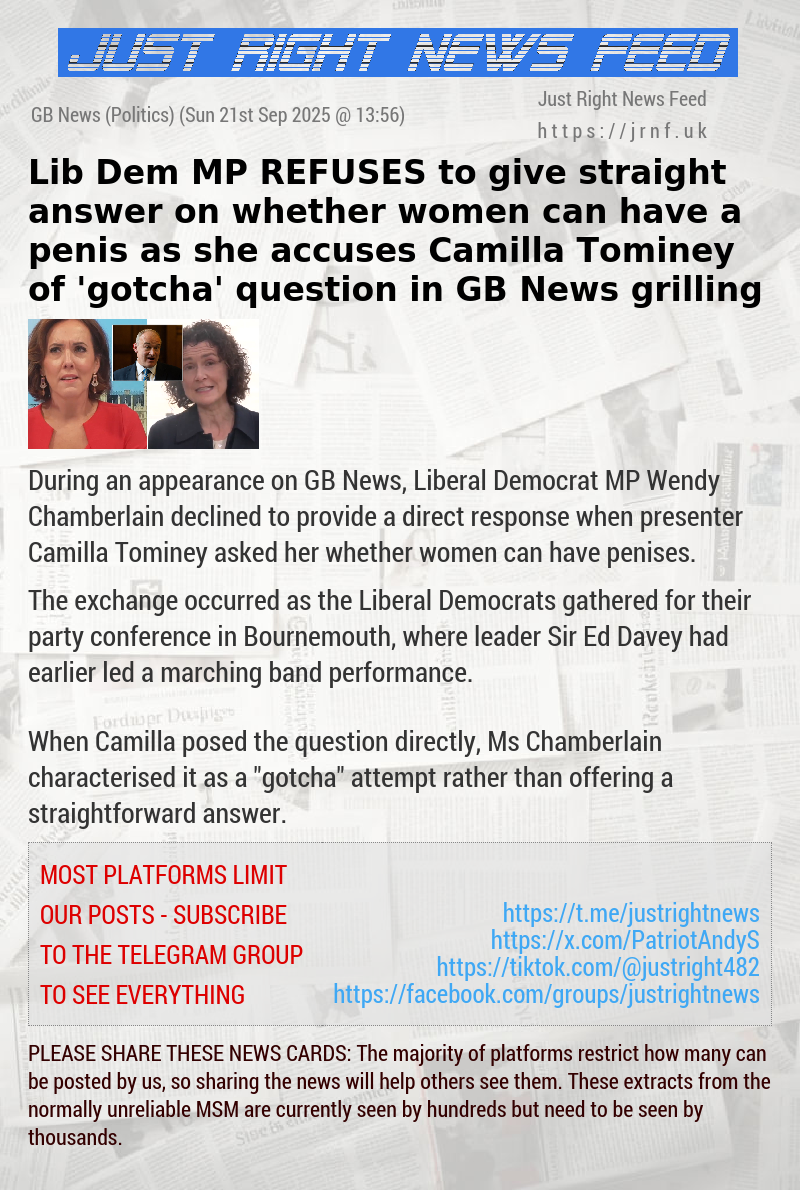 Lib Dem MP REFUSES to give straight answer on whether women can have a penis as she accuses Camilla Tominey of ’gotcha’ question in GB News grilling