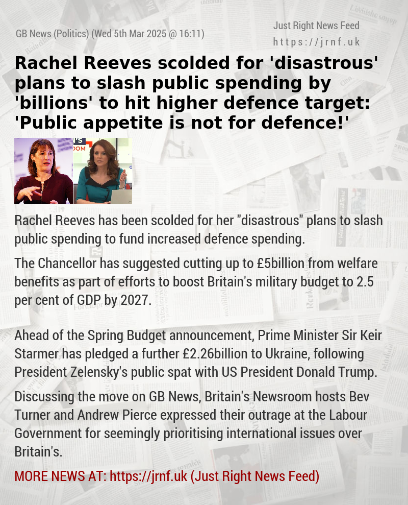 Rachel Reeves scolded for ’disastrous’ plans to slash public spending by ’billions’ to hit higher defence target: ’Public appetite is not for defence!’