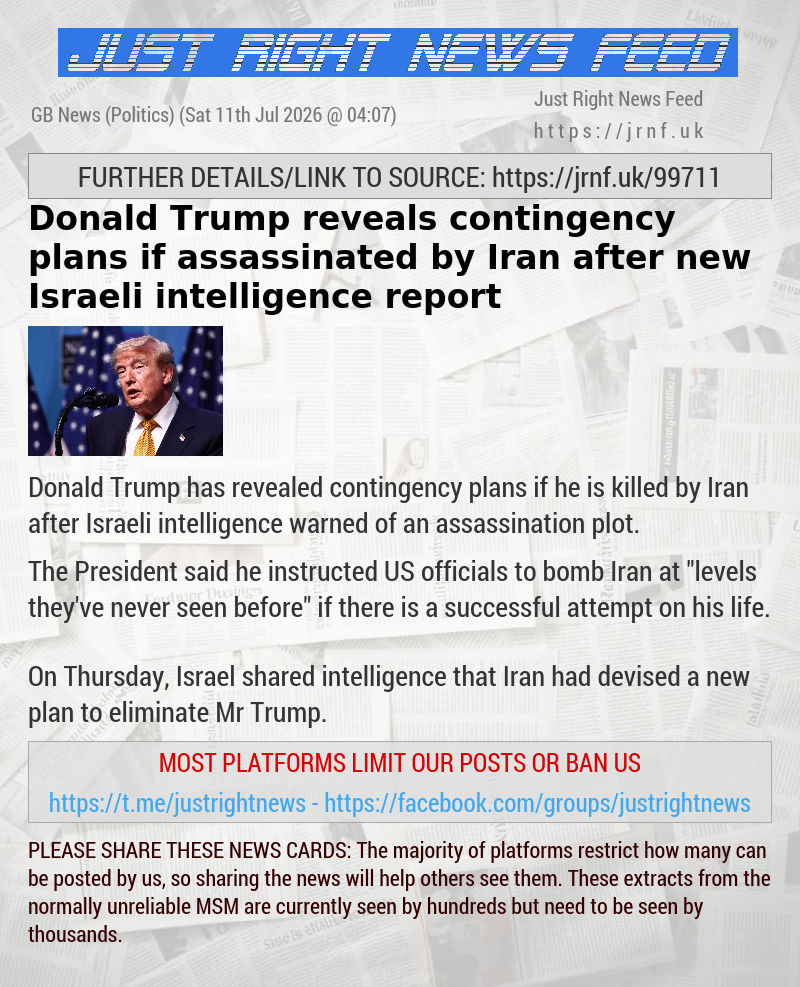Donald Trump reveals contingency plans if assassinated by Iran after new Israeli intelligence report