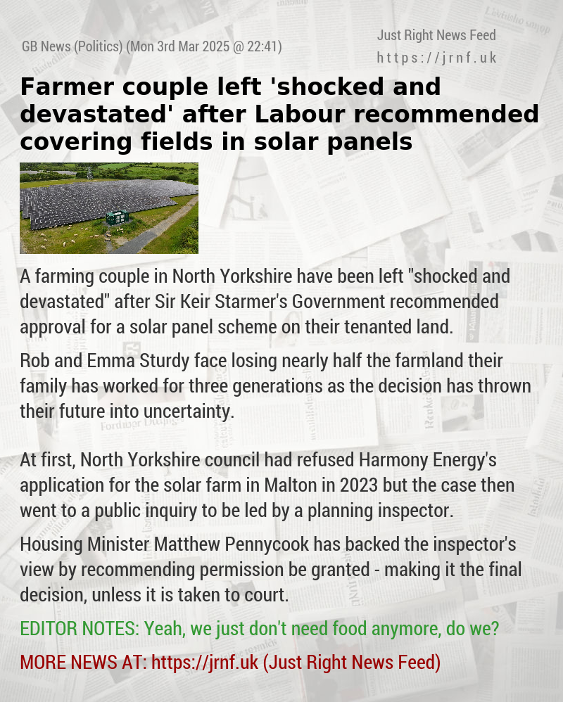 Farmer couple left ’shocked and devastated’ after Labour recommended covering fields in solar panels