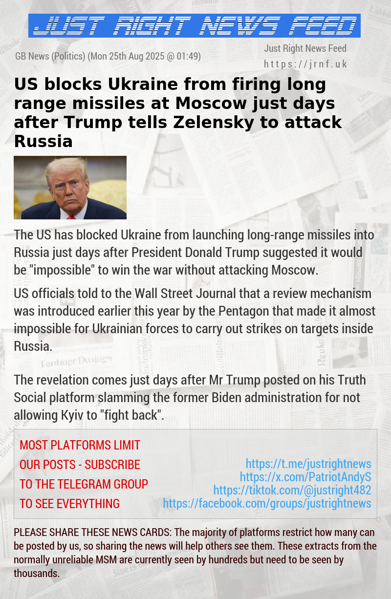 US blocks Ukraine from firing long—range missiles at Moscow just days after Trump tells Zelensky to attack Russia