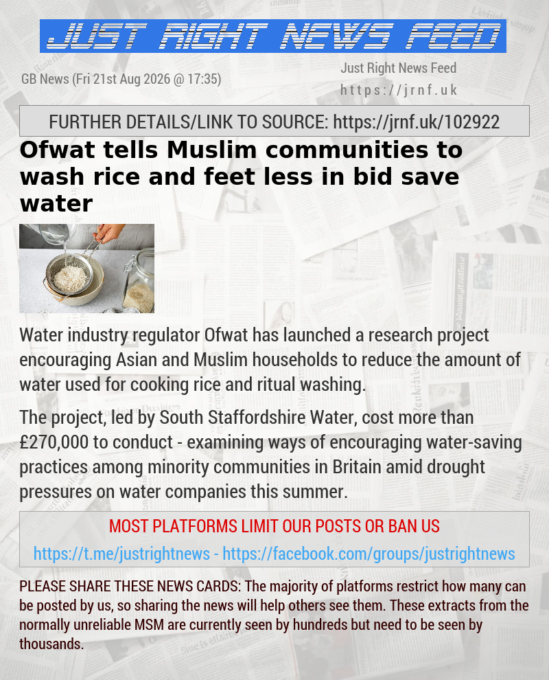 Ofwat tells Muslim communities to wash rice and feet less in bid save water