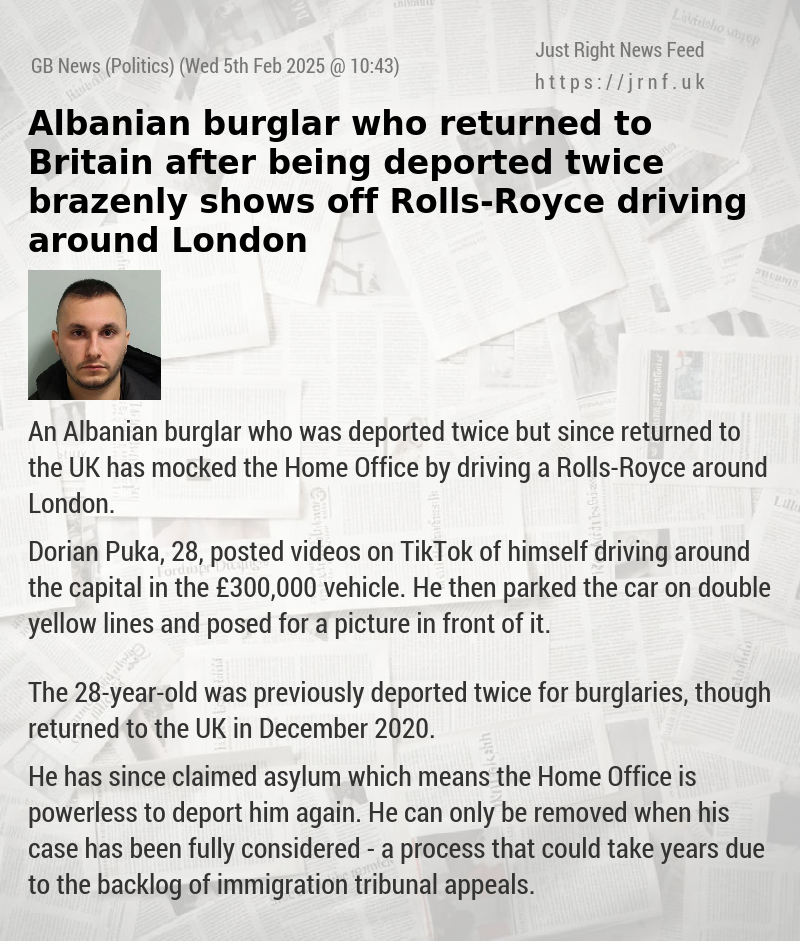 Albanian burglar who returned to Britain after being deported twice brazenly shows off Rolls—Royce driving around London