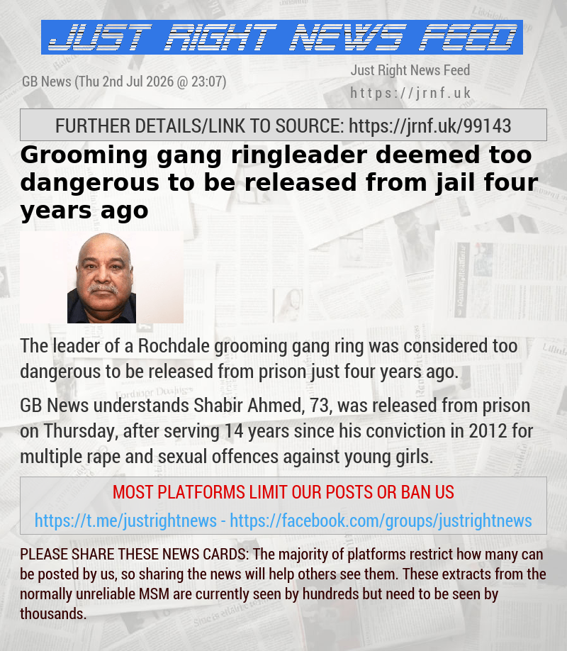 Grooming gang ringleader deemed too dangerous to be released from jail four years ago