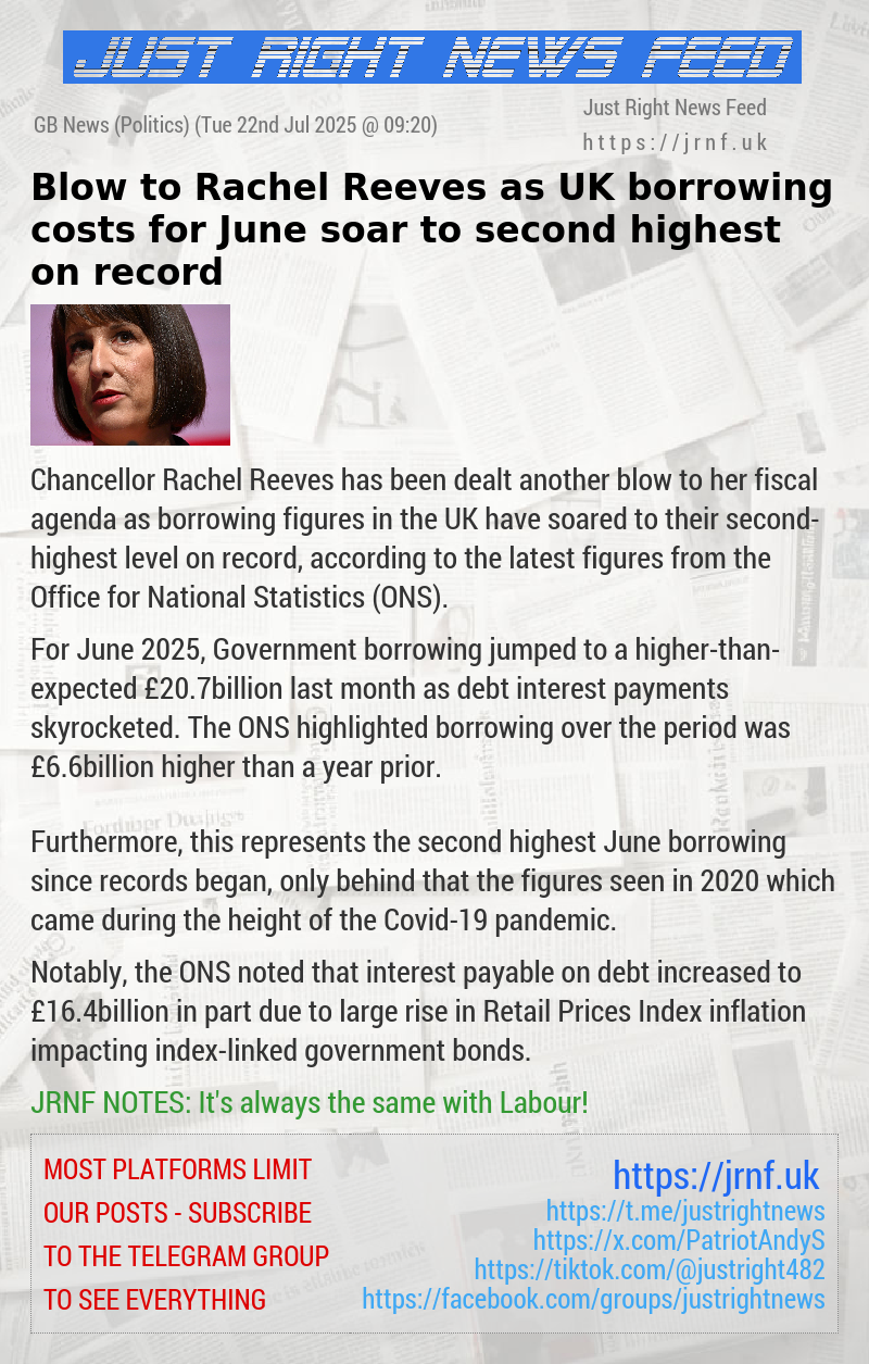 Blow to Rachel Reeves as UK borrowing costs for June soar to second highest on record