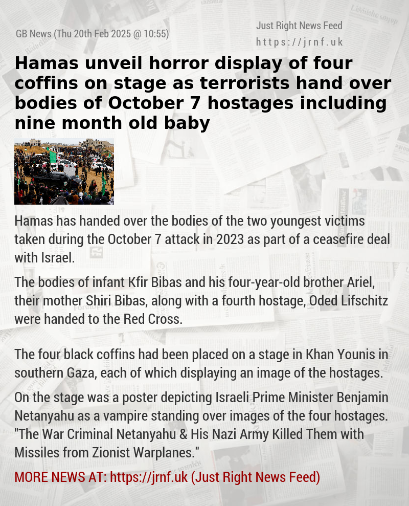 Hamas unveil horror display of four coffins on stage as terrorists hand over bodies of October 7 hostages including nine—month—old baby