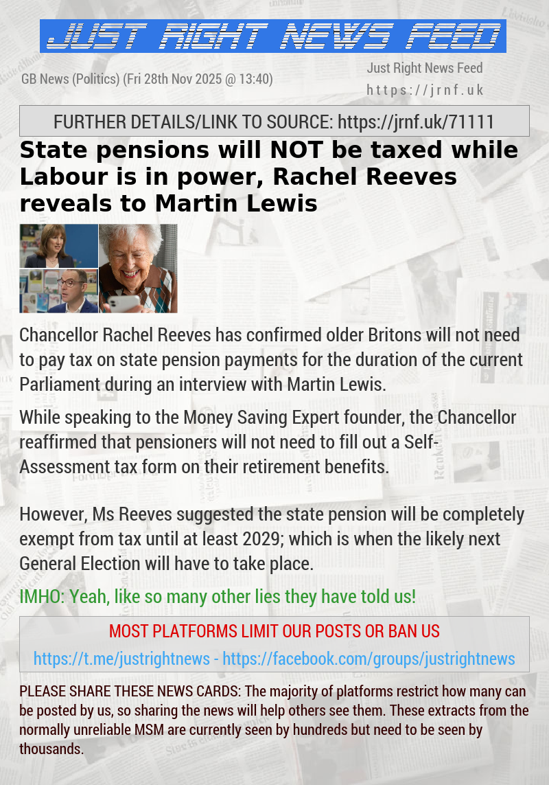 State pensions will NOT be taxed while Labour is in power, Rachel Reeves reveals to Martin Lewis