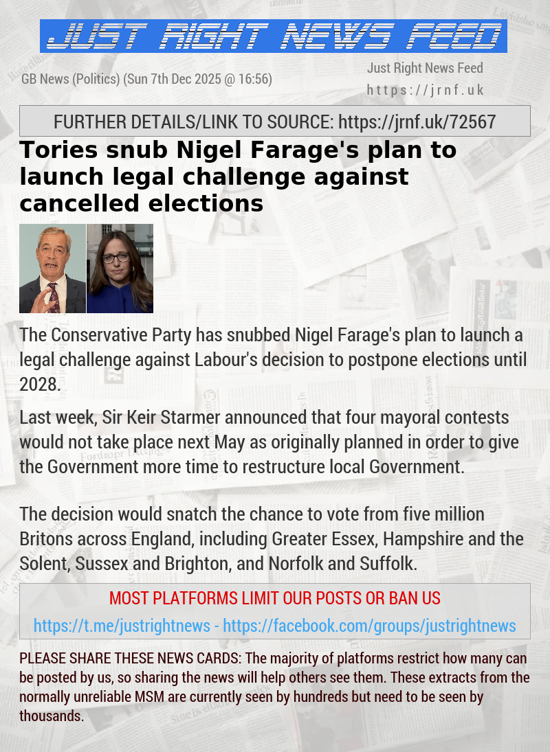 Tories snub Nigel Farage’s plan to launch legal challenge against cancelled elections