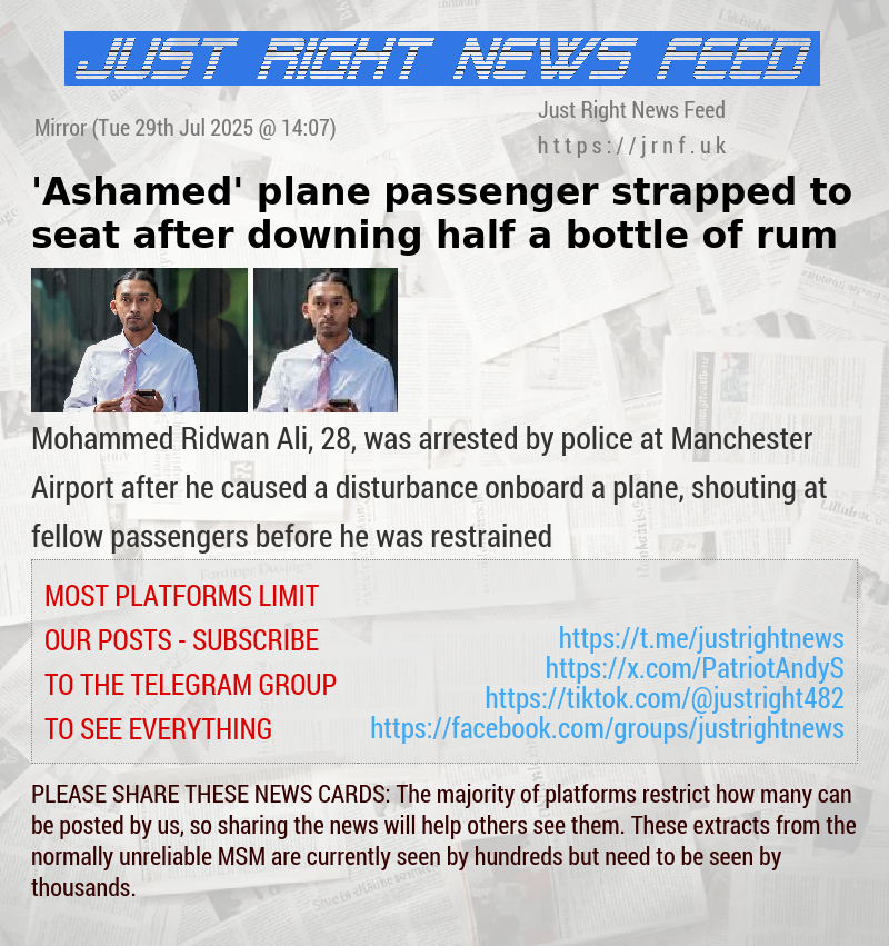 ’Ashamed’ plane passenger strapped to seat after downing half a bottle of rum