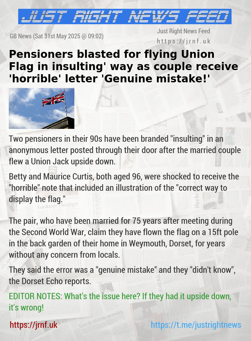 Pensioners blasted for flying Union Flag in ‘insulting’ way as couple receive ’horrible’ letter — ’Genuine mistake!’
