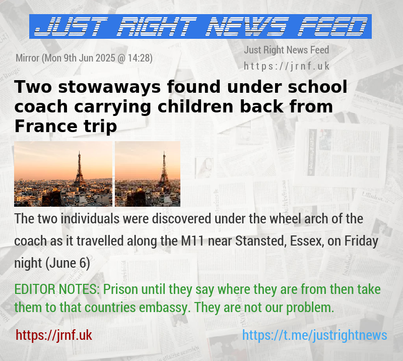 Two stowaways found under school coach carrying children back from France trip