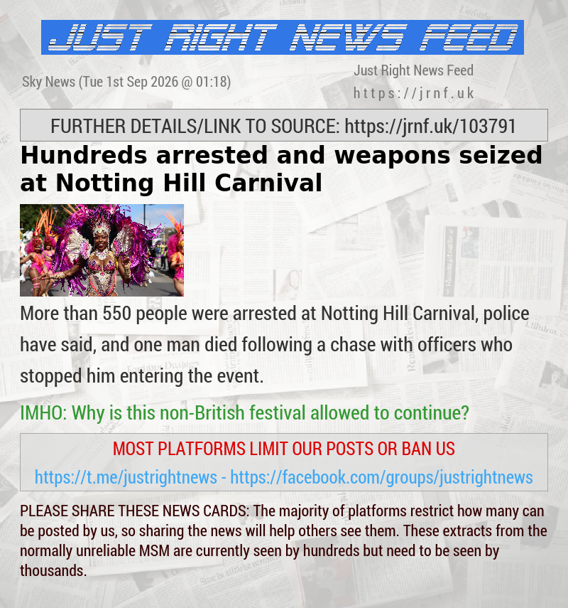 Hundreds arrested and weapons seized at Notting Hill Carnival