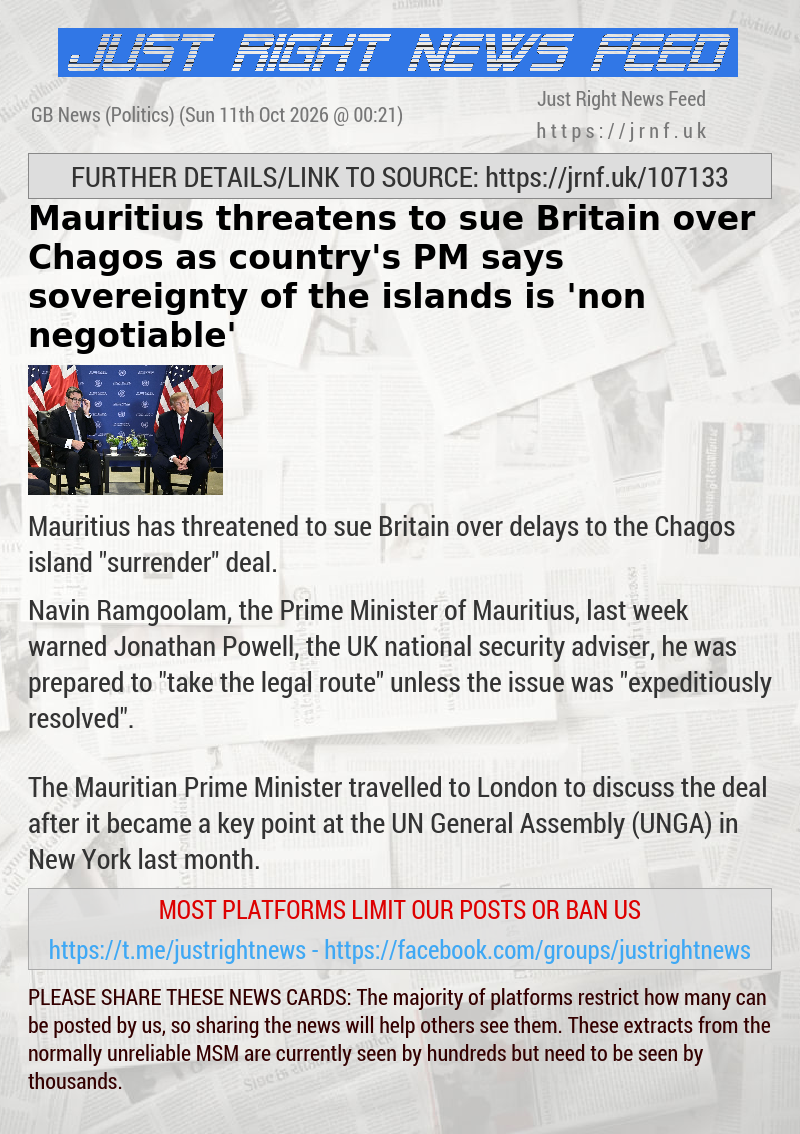 Mauritius threatens to sue Britain over Chagos as country’s PM says sovereignty of the islands is ’non negotiable’