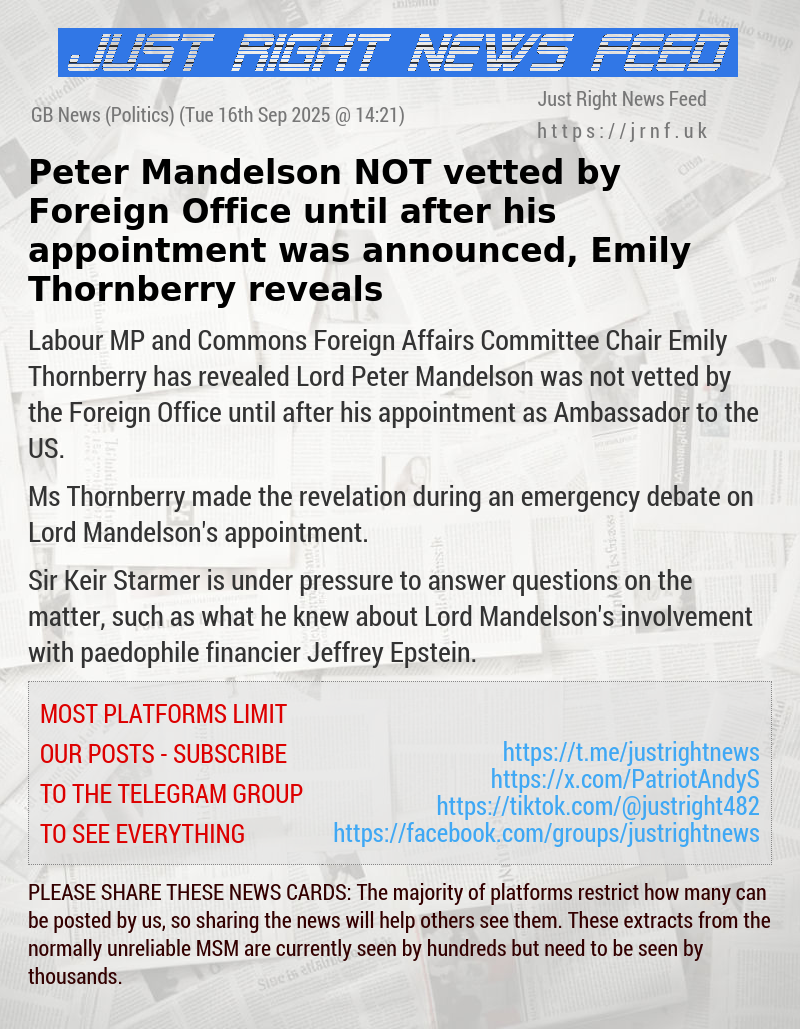 Peter Mandelson NOT vetted by Foreign Office until after his appointment was announced, Emily Thornberry reveals