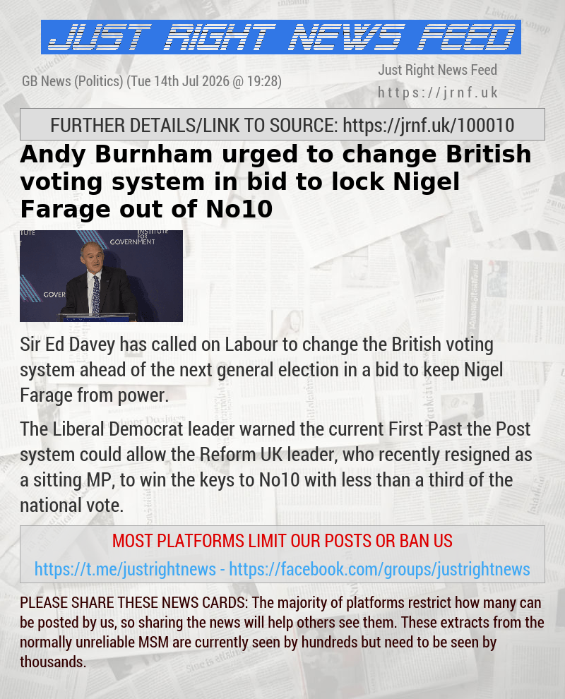 Andy Burnham urged to change British voting system in bid to lock Nigel Farage out of No10