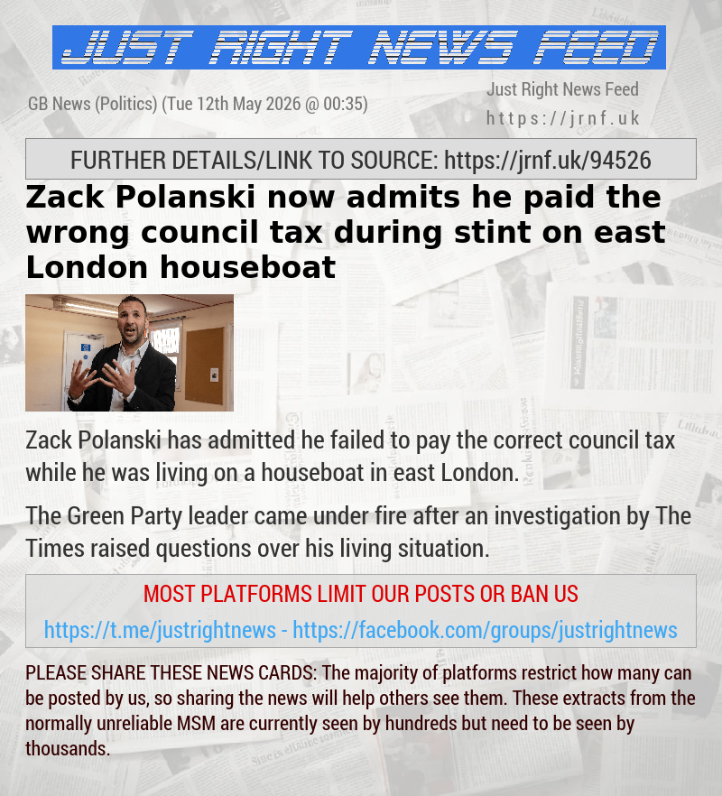 Zack Polanski now admits he paid the wrong council tax during stint on east London houseboat