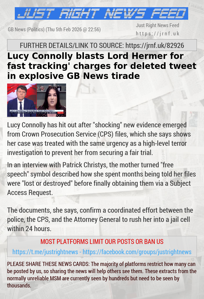 Lucy Connolly blasts Lord Hermer for ‘fast—tracking’ charges for deleted tweet in explosive GB News tirade