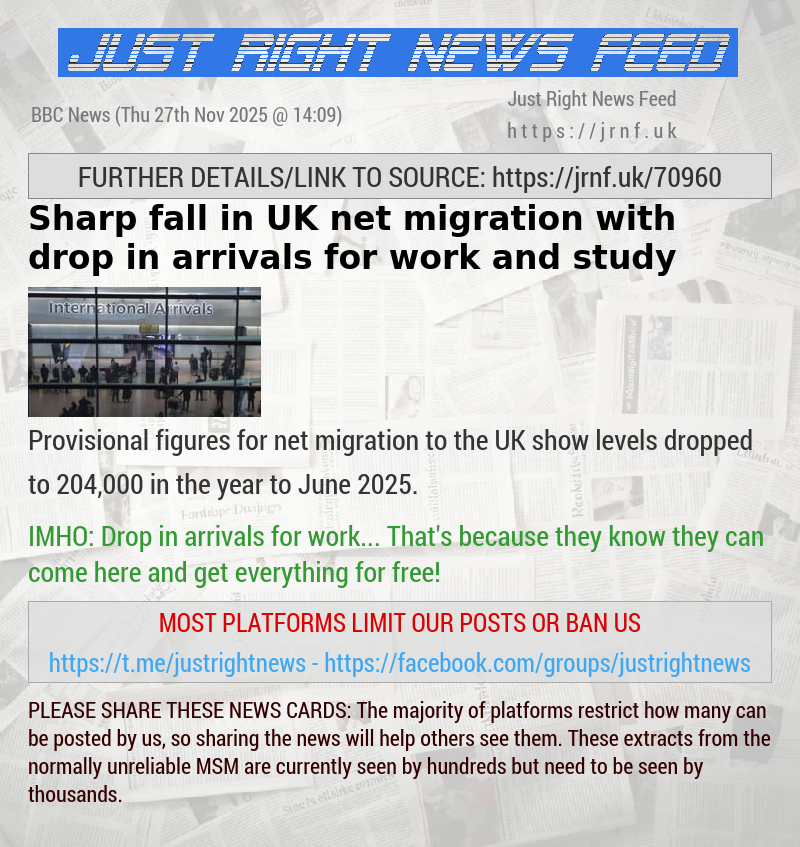 Sharp fall in UK net migration with drop in arrivals for work and study