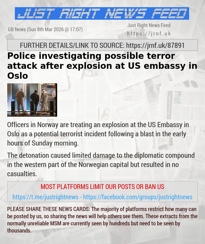 Police investigating possible terror attack after explosion at US embassy in Oslo