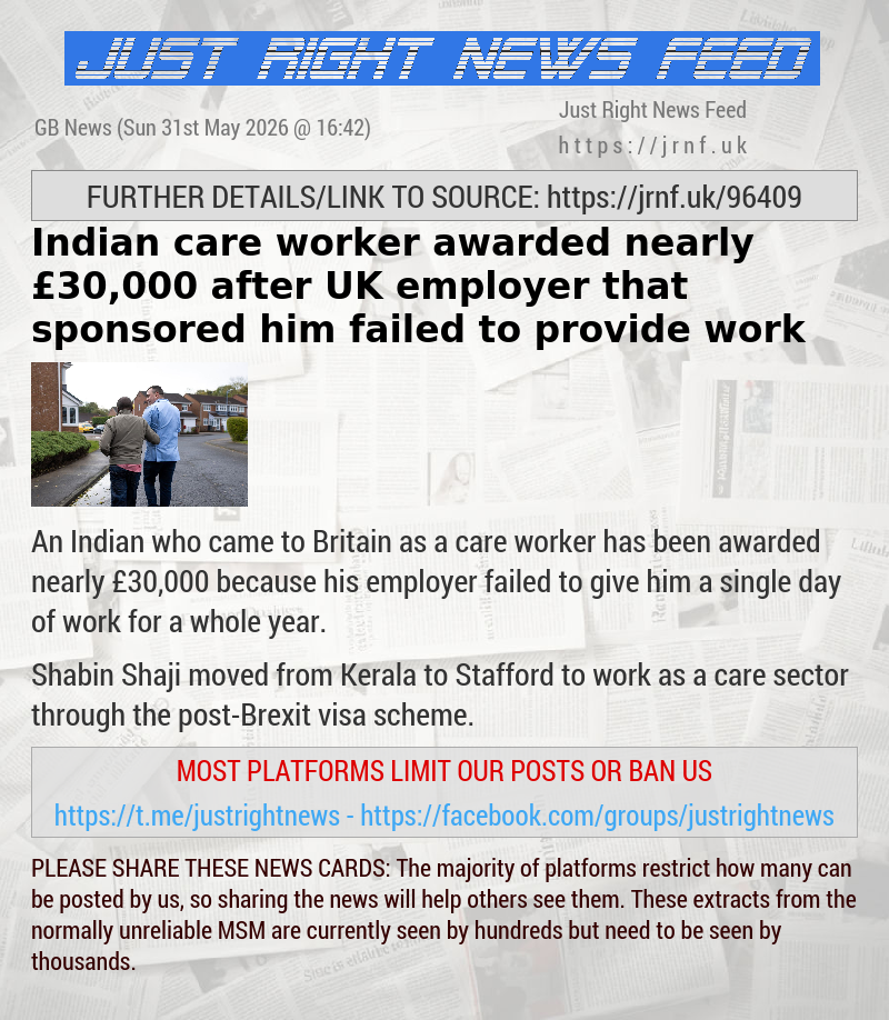 Indian care worker awarded nearly &pound;30,000 after UK employer that sponsored him failed to provide work