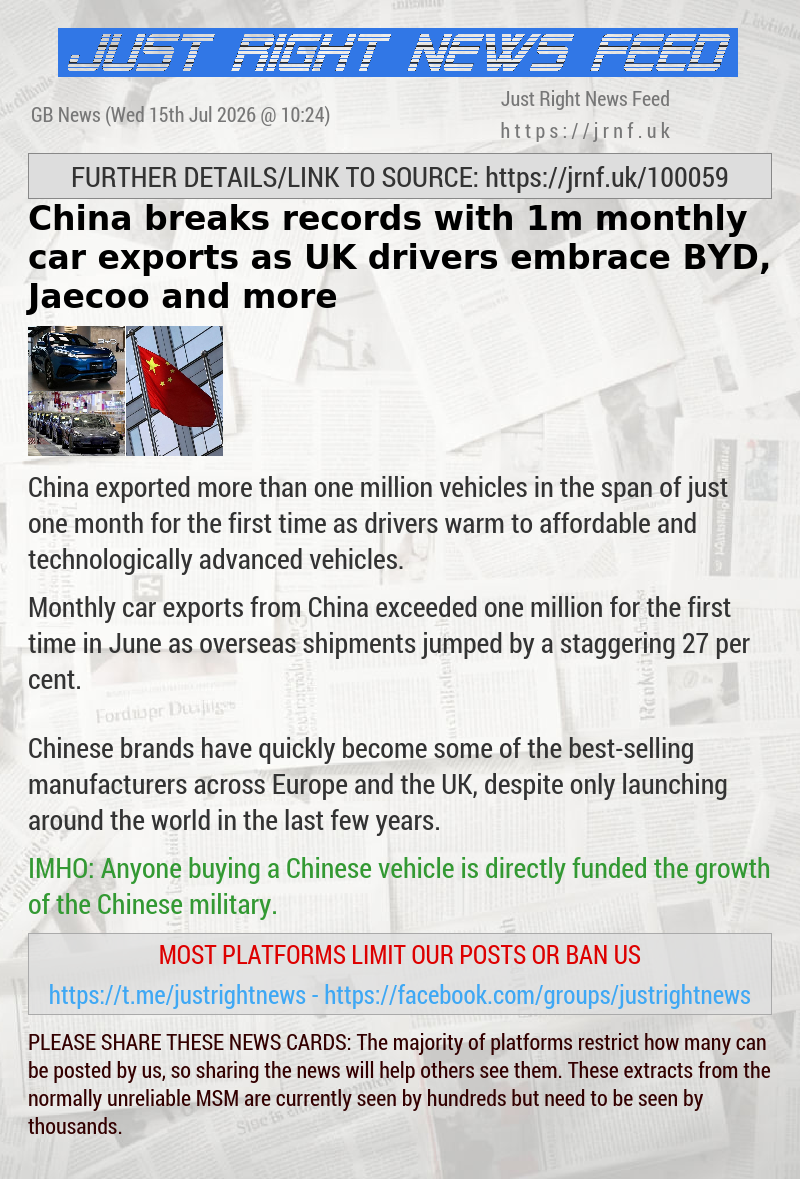 China breaks records with 1m monthly car exports as UK drivers embrace BYD, Jaecoo and more