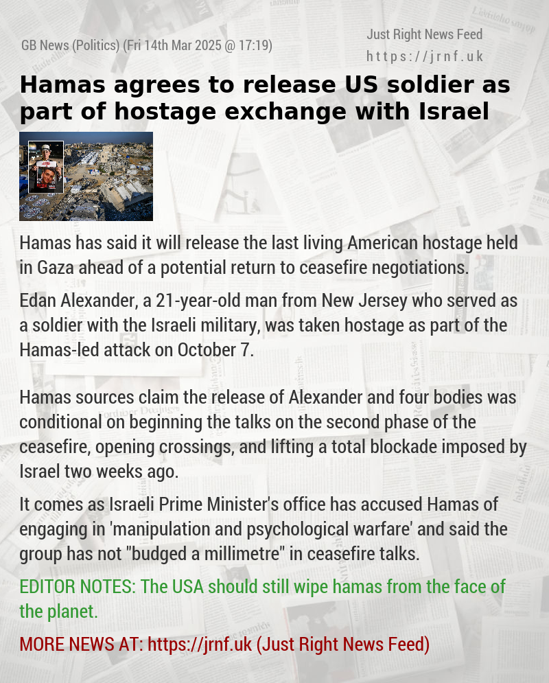 Hamas agrees to release US soldier as part of hostage exchange with Israel