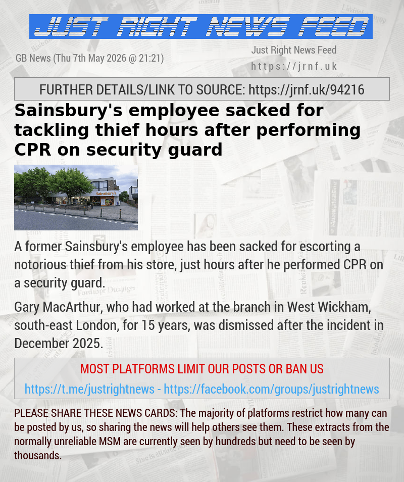 Sainsbury’s employee sacked for tackling thief hours after performing CPR on security guard