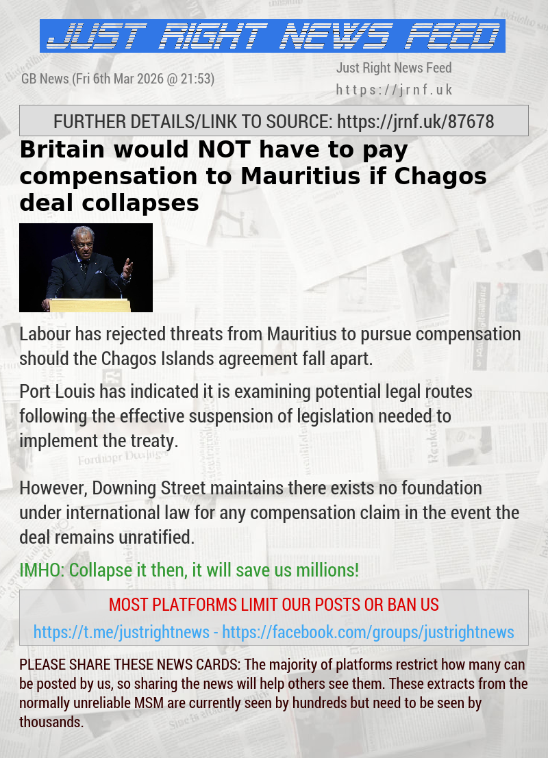 Britain would NOT have to pay compensation to Mauritius if Chagos deal collapses