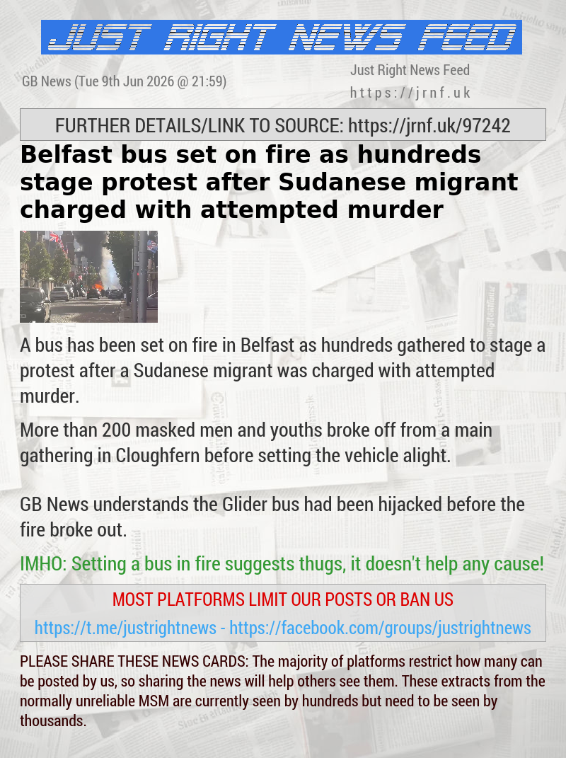 Belfast bus set on fire as hundreds stage protest after Sudanese migrant charged with attempted murder